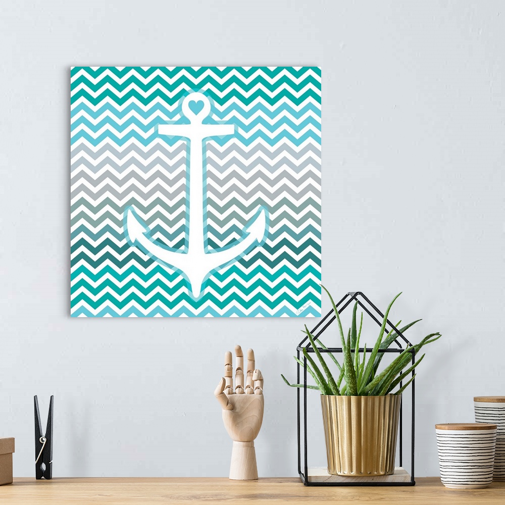 A bohemian room featuring A graphic anchor with an aqua blue chevron pattern background.