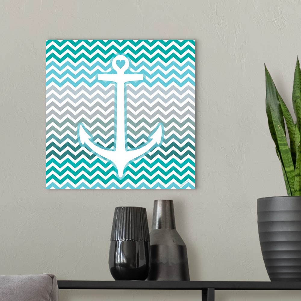 A modern room featuring A graphic anchor with an aqua blue chevron pattern background.