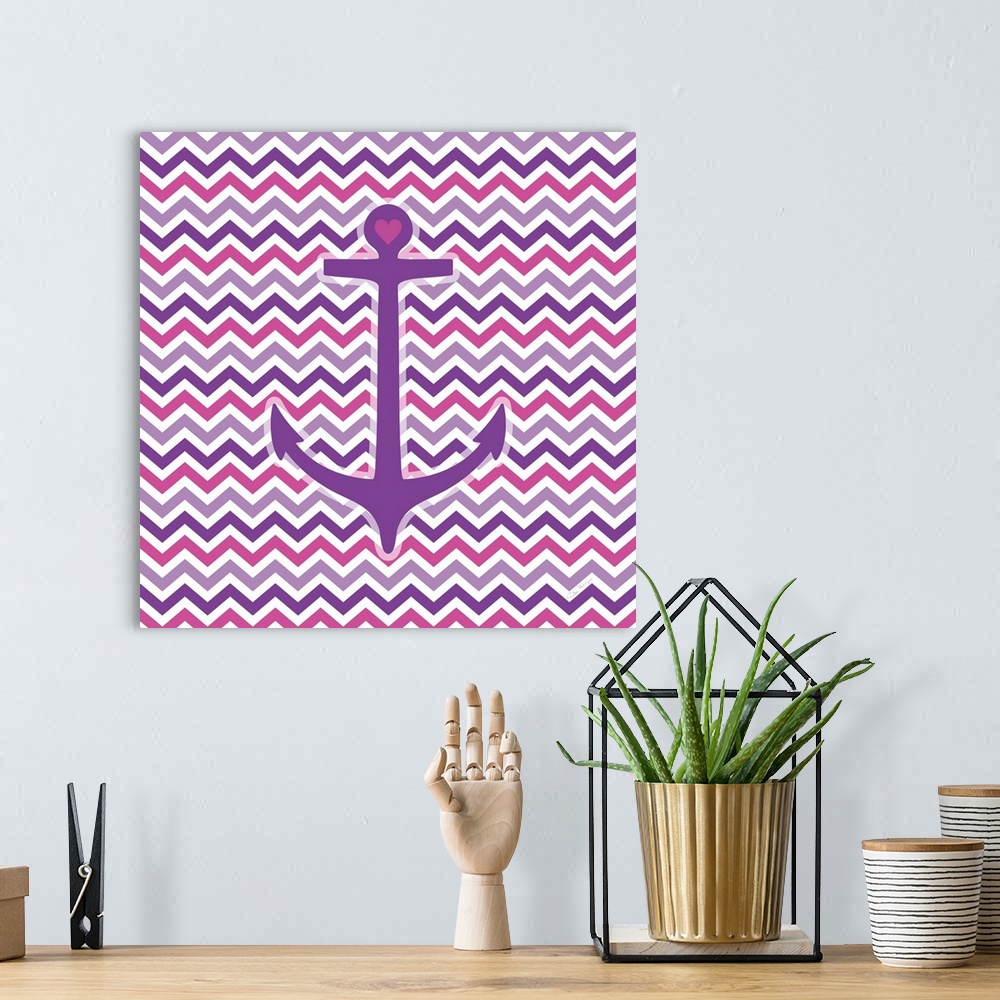 A bohemian room featuring A graphic anchor with a pink and violet chevron pattern background.
