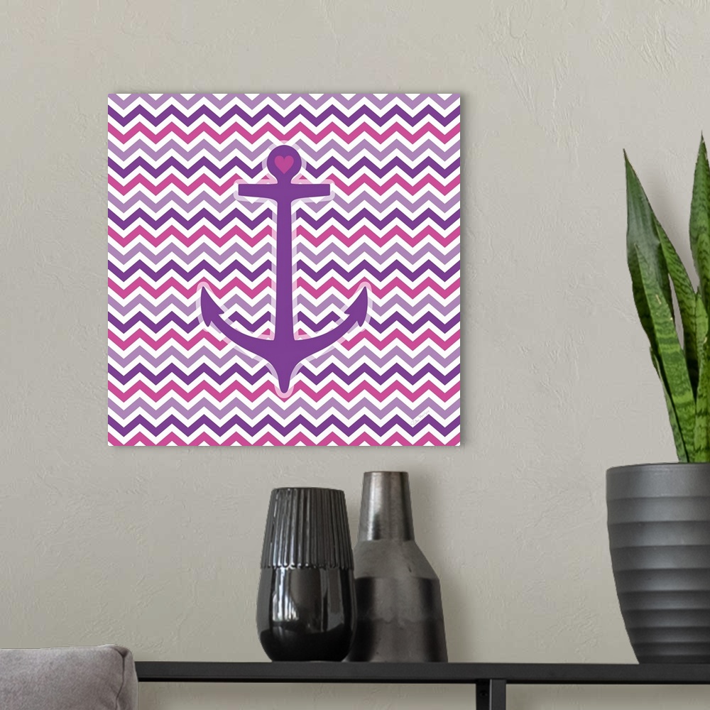 A modern room featuring A graphic anchor with a pink and violet chevron pattern background.