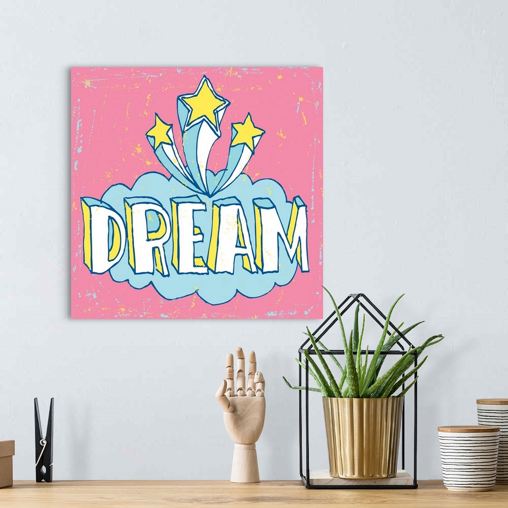 A bohemian room featuring The word "Dream" handwritten in a cloud with stars on a light blue background.