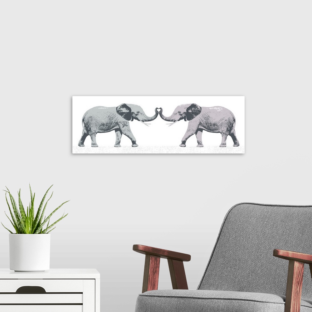 A modern room featuring Graphic art of two elephants with trunks touching forming the shape of a love heart.