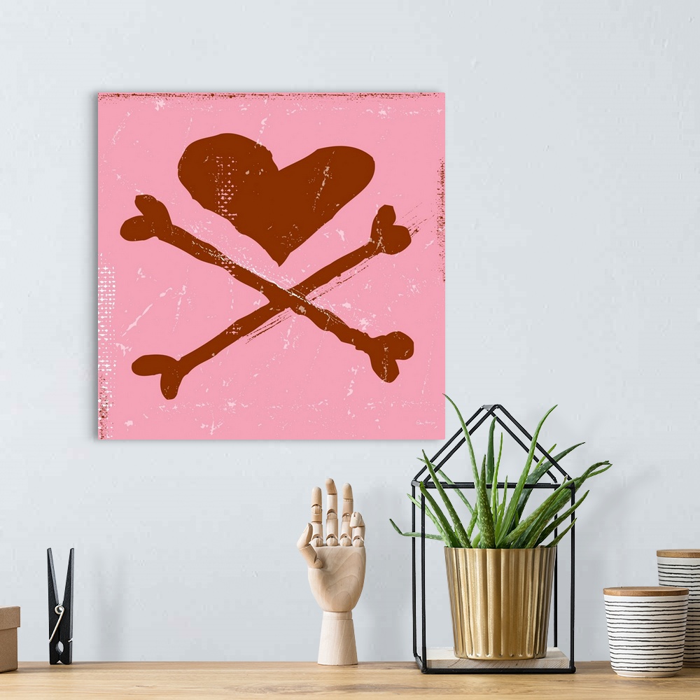 A bohemian room featuring A illustrated skull and crossbones, the skull in the shape of a heart on a pink background