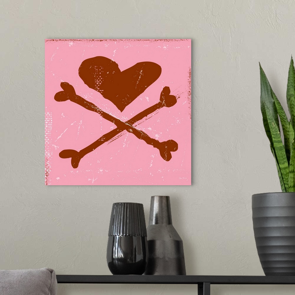 A modern room featuring A illustrated skull and crossbones, the skull in the shape of a heart on a pink background
