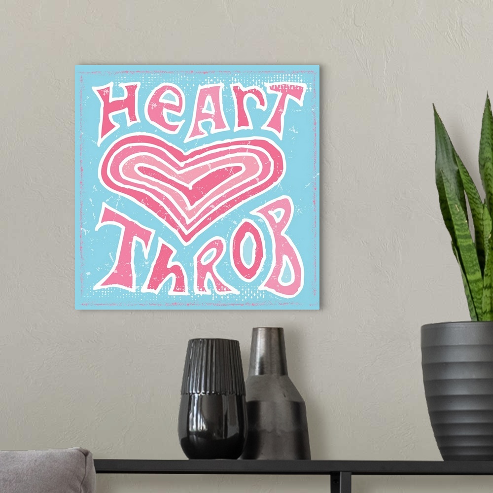 A modern room featuring Hand lettered phrase "Heart Throb" around an image of a heart on a light blue background.
