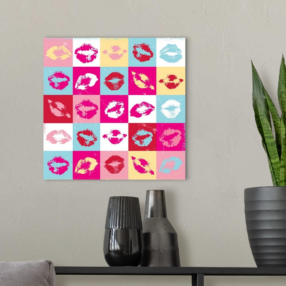 A modern room featuring Twenty-five illustrated mouths and kisses in a checkered pattern.
