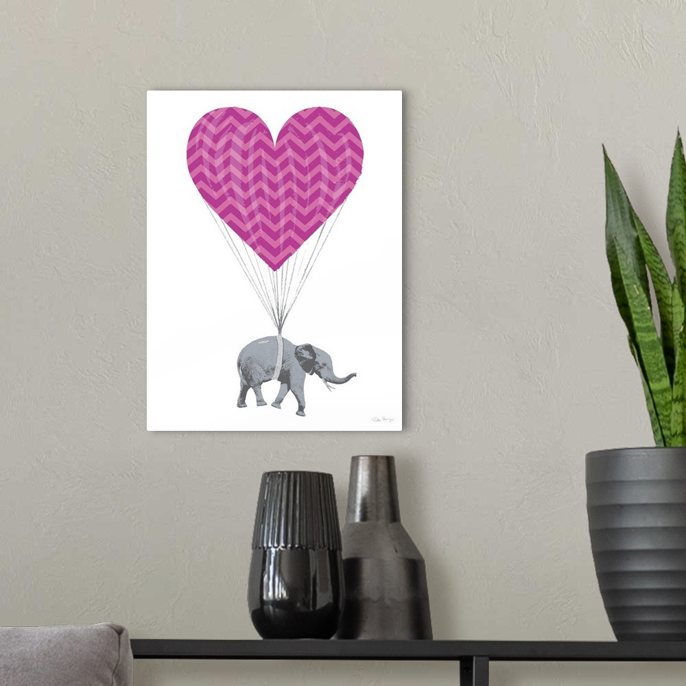 A modern room featuring Graphic art of an elephant paratrooper with a parachute in the shape of a love heart.