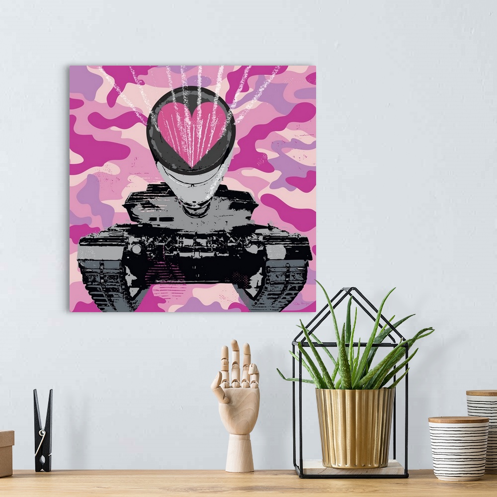 A bohemian room featuring Graphic art of a military tank shooting out a love heart with a pink camoflauge background.