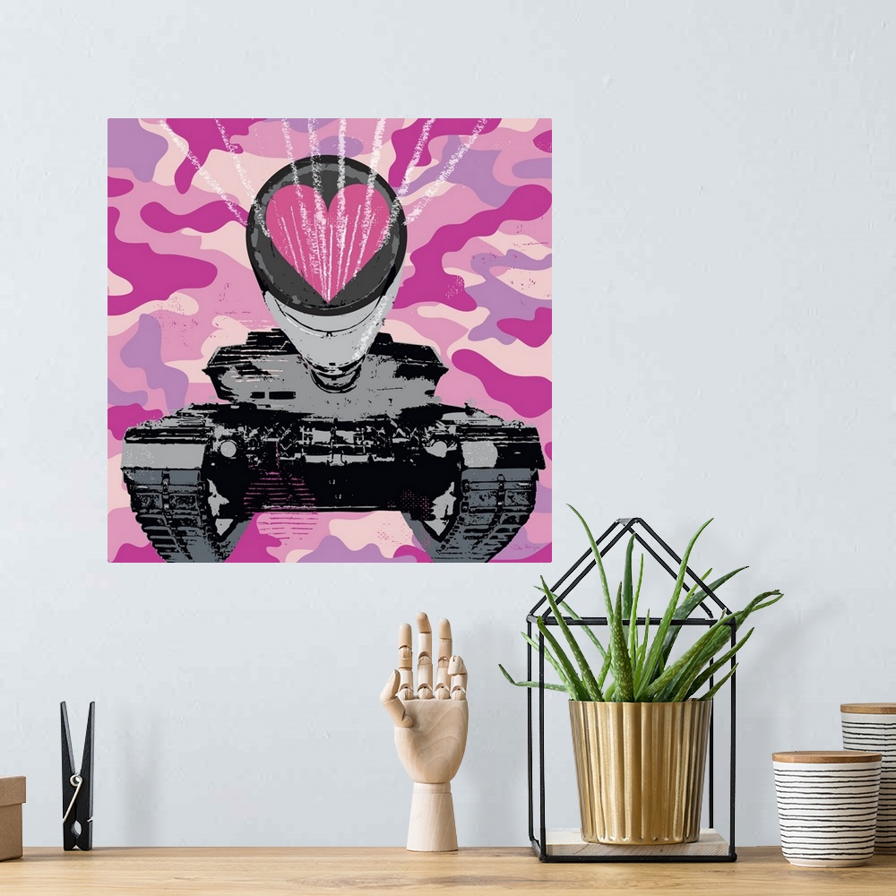 A bohemian room featuring Graphic art of a military tank shooting out a love heart with a pink camoflauge background.
