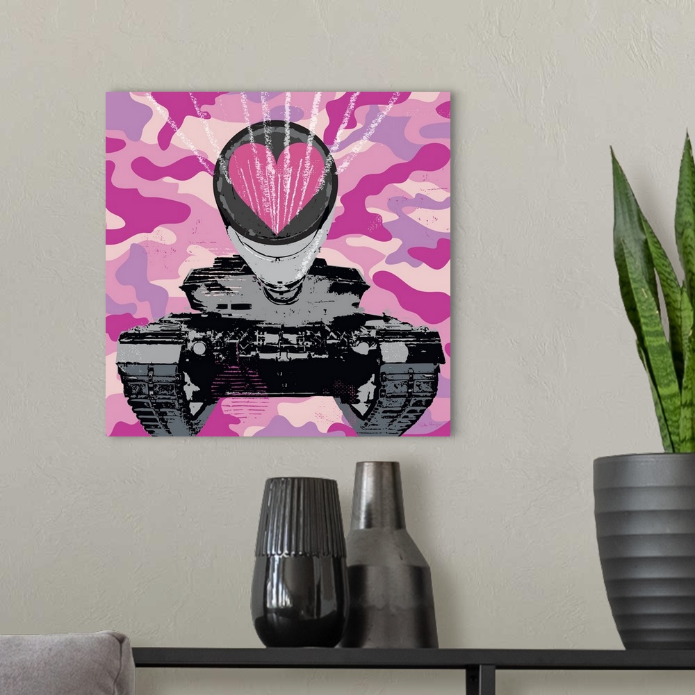 A modern room featuring Graphic art of a military tank shooting out a love heart with a pink camoflauge background.