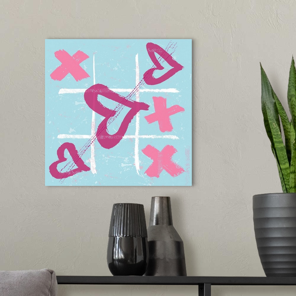 A modern room featuring Tic-tac-toe with hearts and kisses.