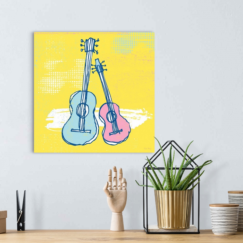 A bohemian room featuring Two pen and ink illustrated guitars leaning on each other on a pale yellow background.