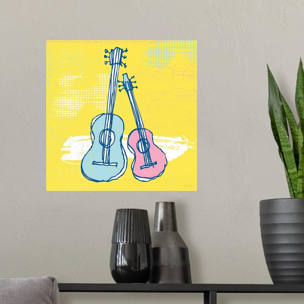 A modern room featuring Two pen and ink illustrated guitars leaning on each other on a pale yellow background.
