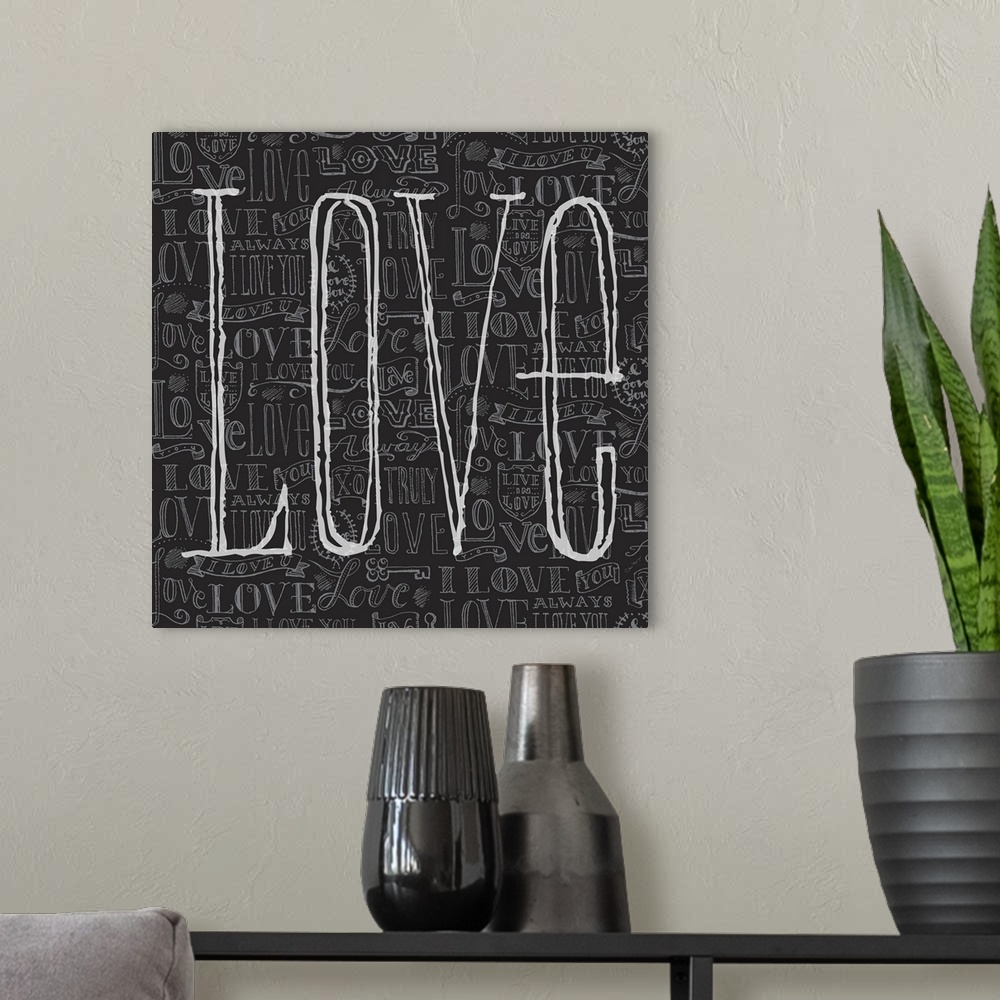 A modern room featuring Pen and ink handlettered illustration of love icons repeated on a black background with the word ...