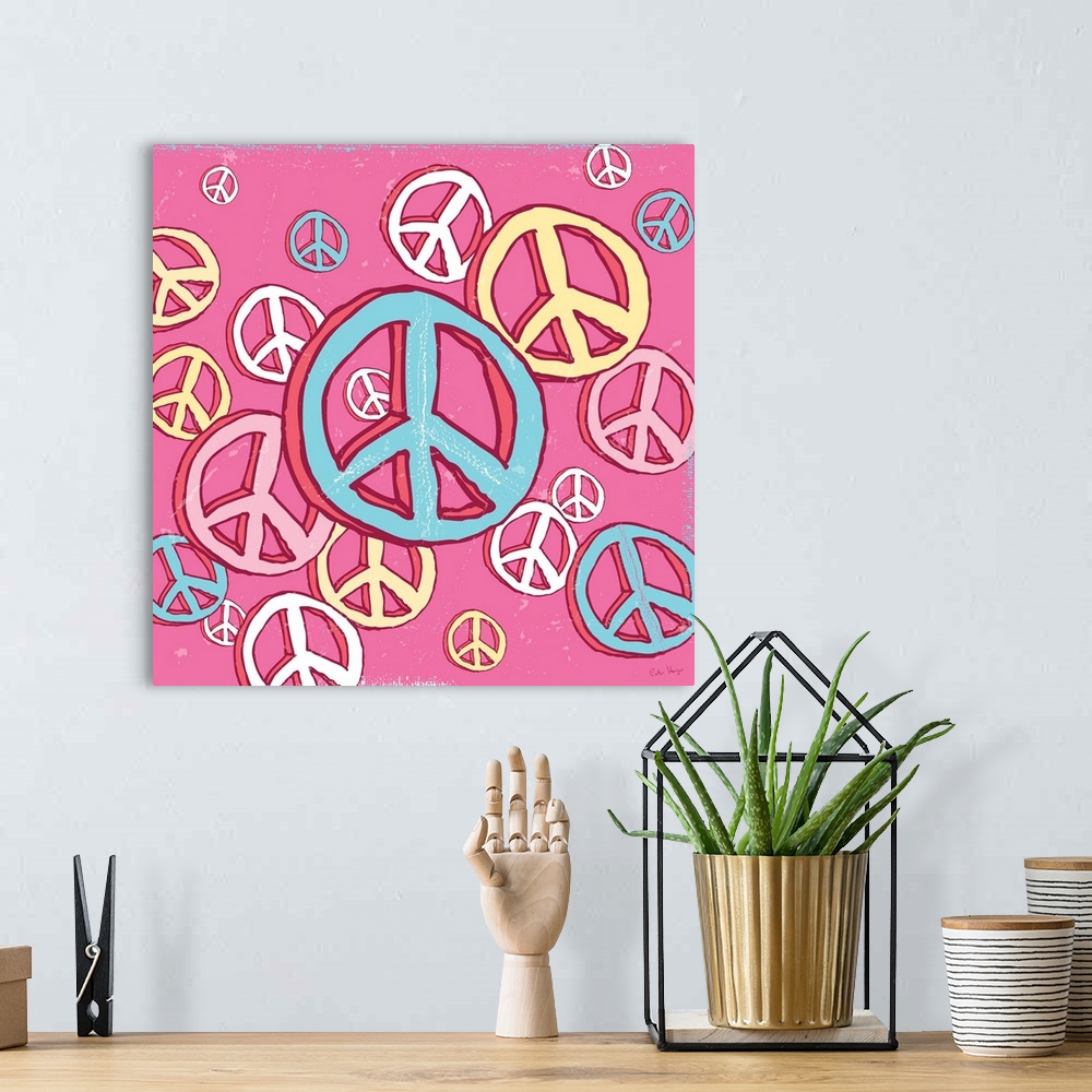 A bohemian room featuring A group of illustrated peace signs, from large to small peace signs on a pink background.