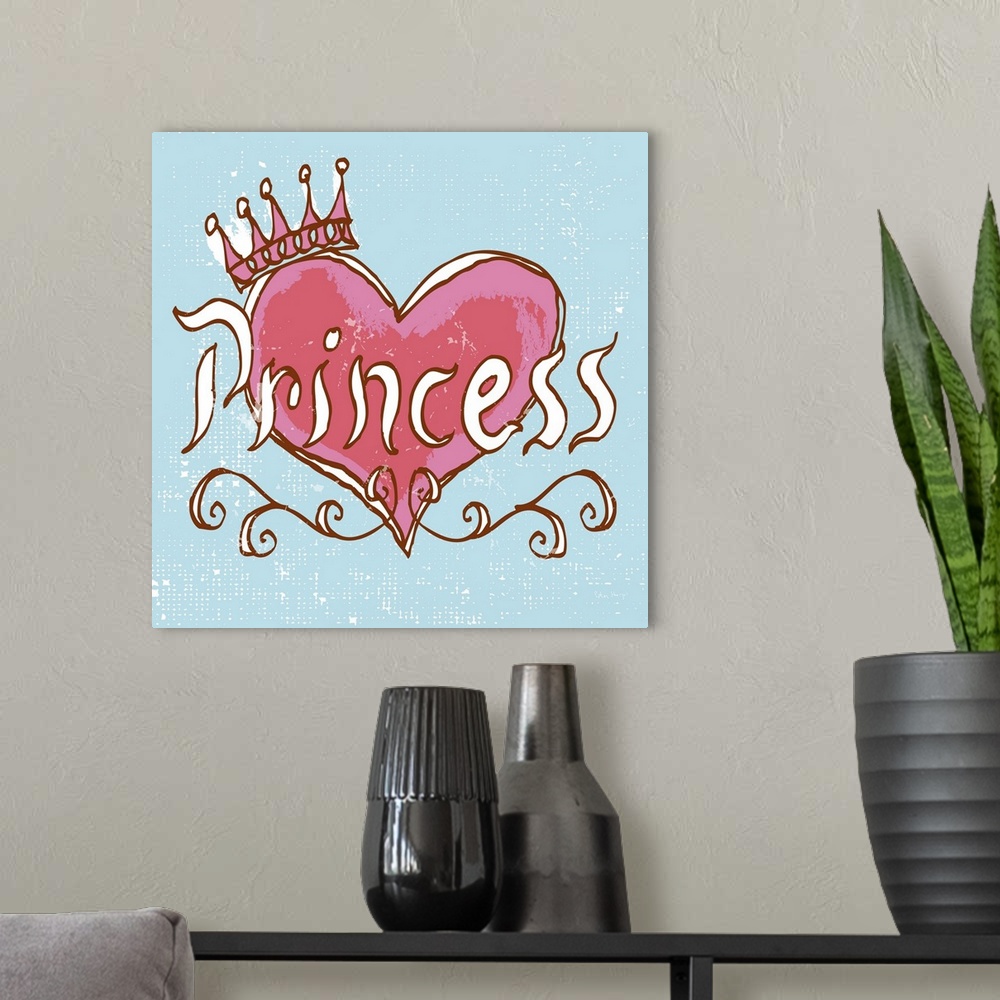 A modern room featuring A pen and ink illustrated princess tiara with the word "Princess" hand lettered.