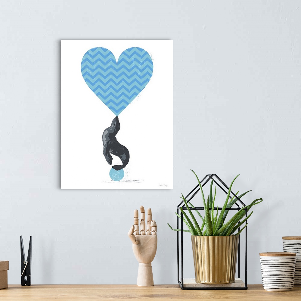 A bohemian room featuring Graphic art of a seal balancing a large blue chevron heart on its nose standing on a blue ball.