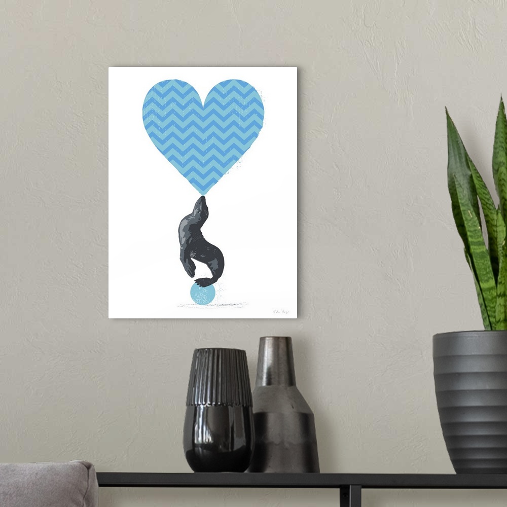A modern room featuring Graphic art of a seal balancing a large blue chevron heart on its nose standing on a blue ball.