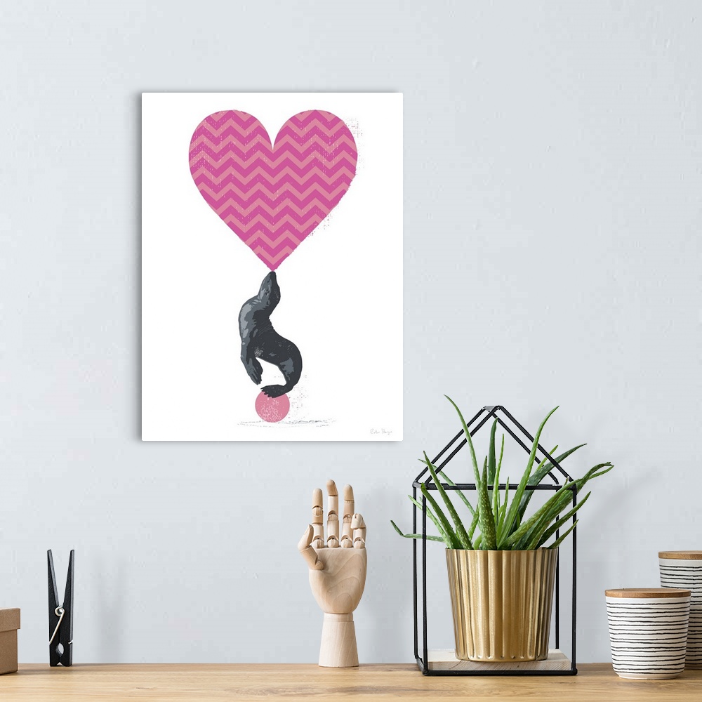 A bohemian room featuring Graphic art of a seal balancing a large pink chevron heart on its nose standing on a pink ball.