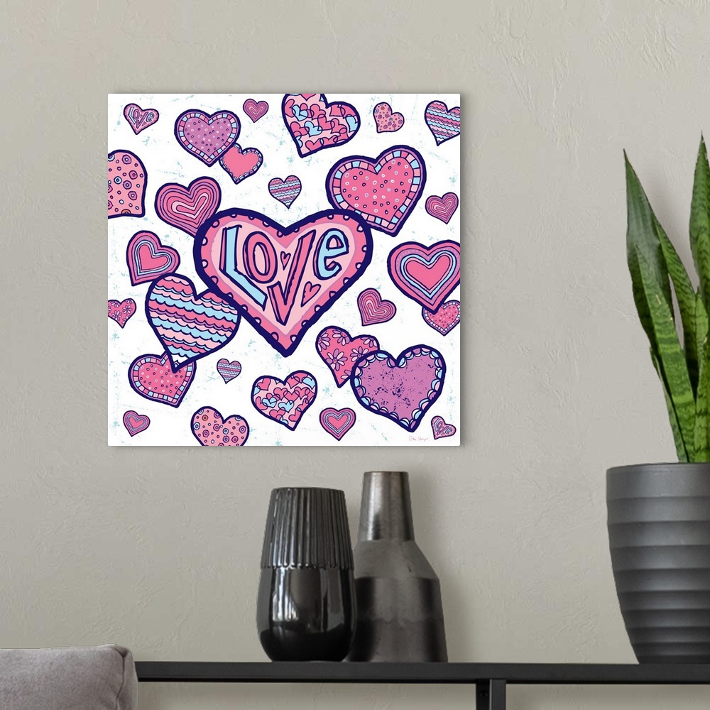 A modern room featuring A group of pen and ink illustrated hearts, from large to small hearts on a white textured backgro...