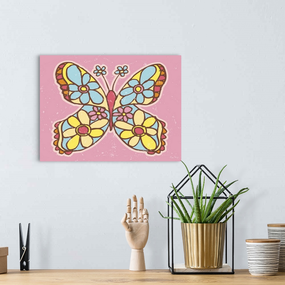 A bohemian room featuring A pen and ink illustrated butterfly with flowers on a pink background.