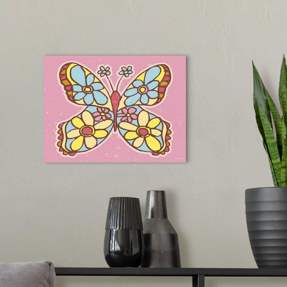 A modern room featuring A pen and ink illustrated butterfly with flowers on a pink background.