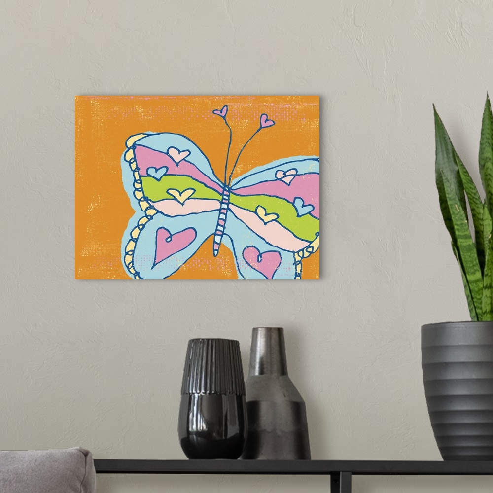 A modern room featuring A pen and ink illustrated butterfly with hearts on an orange background.