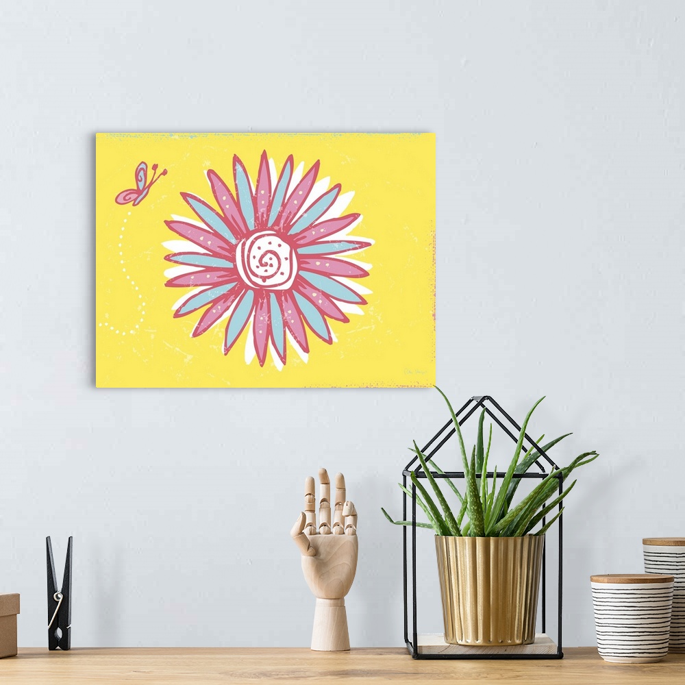 A bohemian room featuring A pen and ink illustrated butterfly hovering over a large illustrated daisy on a yellow background.