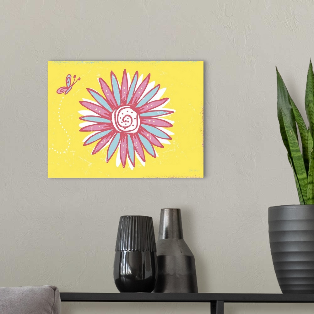 A modern room featuring A pen and ink illustrated butterfly hovering over a large illustrated daisy on a yellow background.
