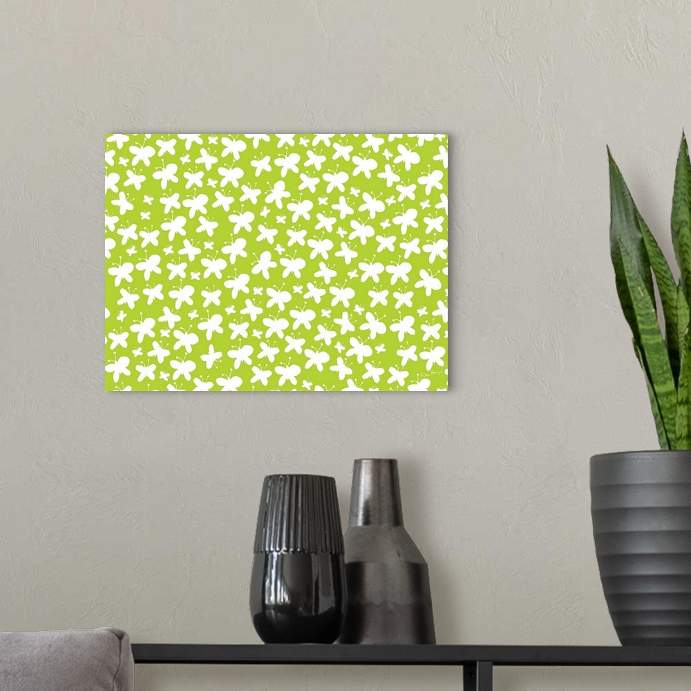 A modern room featuring Graphic repeat pattern of white butterflies on a green background.