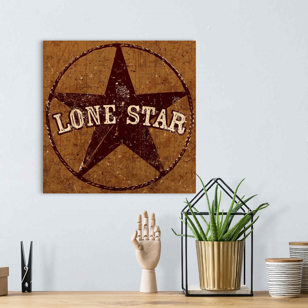 A bohemian room featuring The quintessential Texas lone star image in a distressed background.