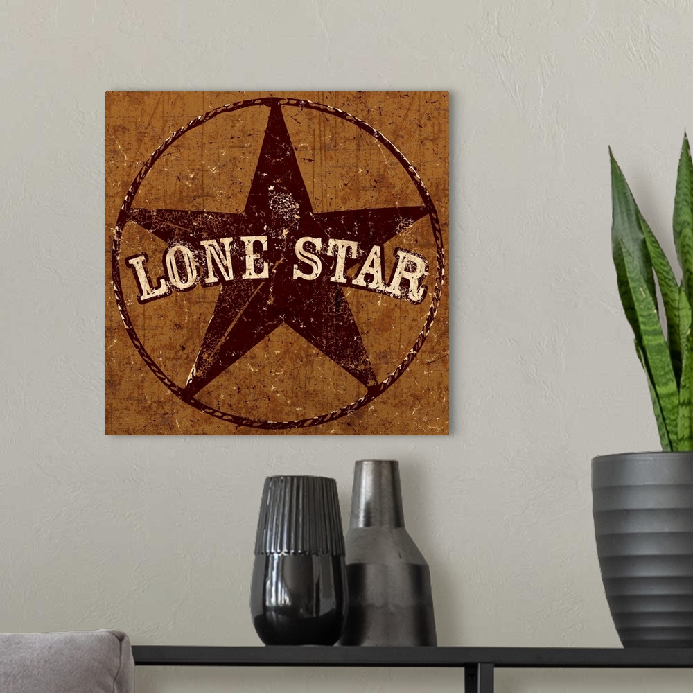 A modern room featuring The quintessential Texas lone star image in a distressed background.