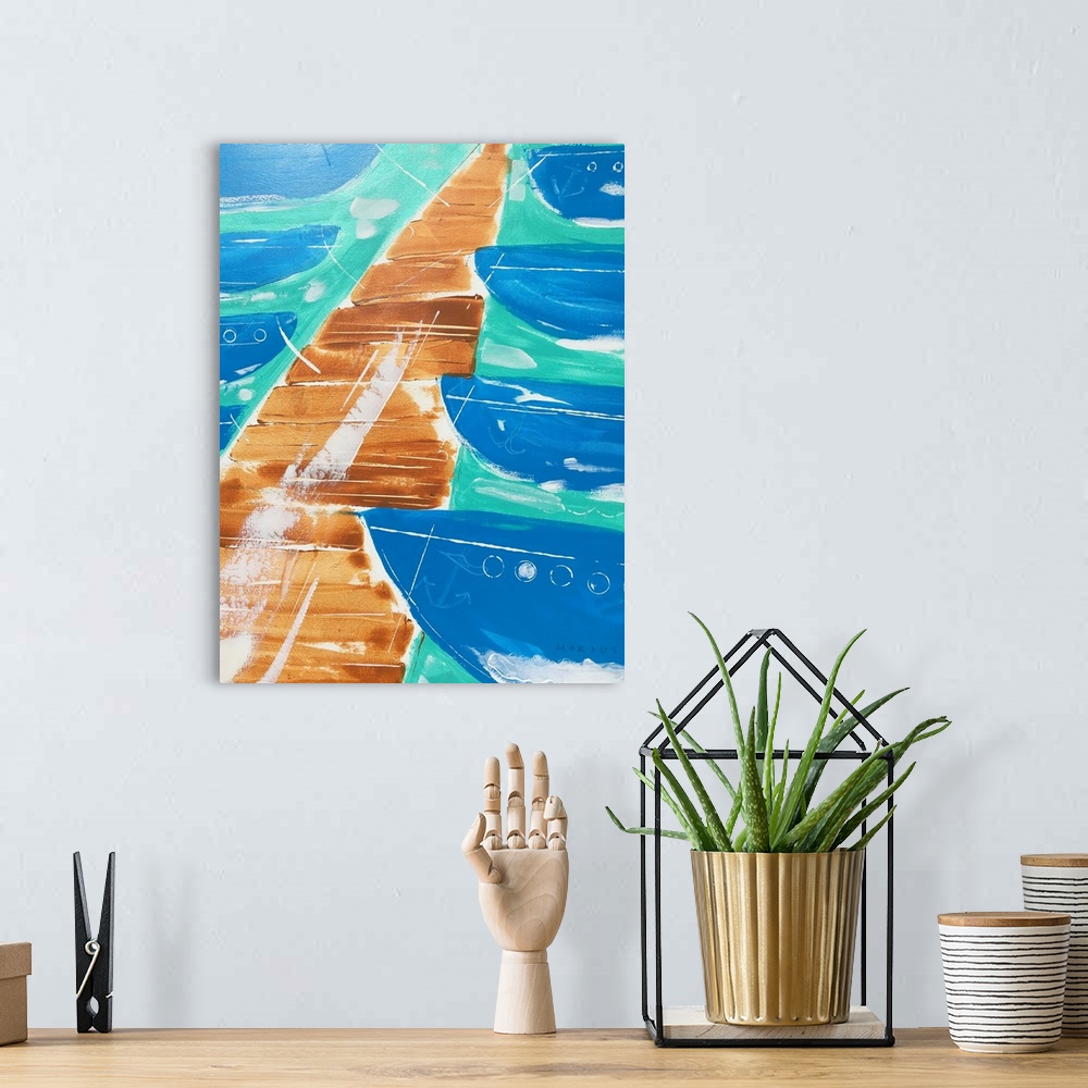 A bohemian room featuring Painting of an abstract boat dock with boats in the boat slips.