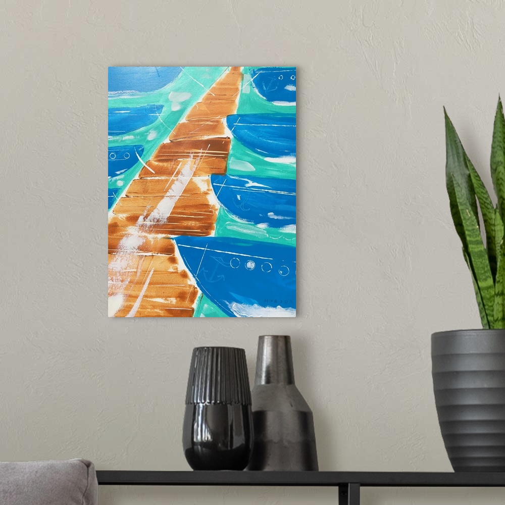 A modern room featuring Painting of an abstract boat dock with boats in the boat slips.
