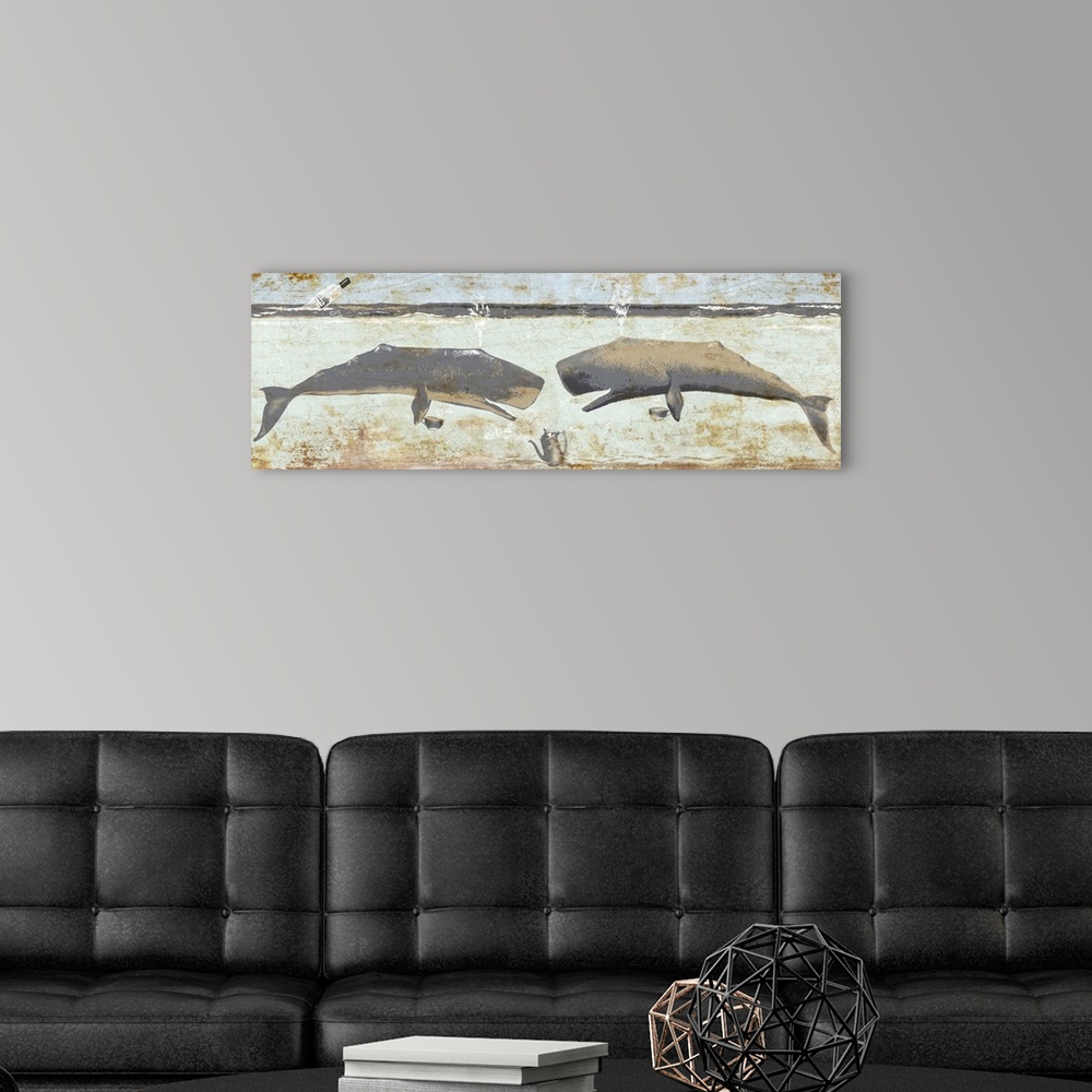A modern room featuring Wall art of two whales having an underwater tea party with a teapot resting on the bottom of the ...
