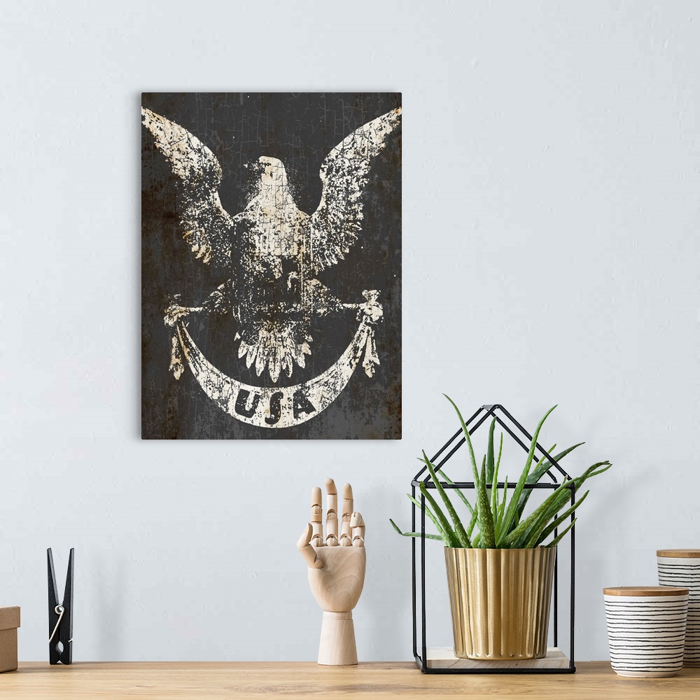 A bohemian room featuring Distressed image of an American eagle with "USA" typography on a ribbon on a gray and rust backgr...
