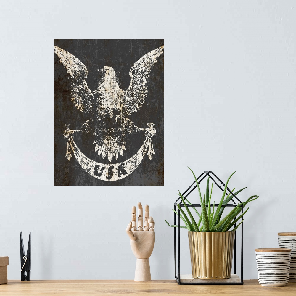 A bohemian room featuring Distressed image of an American eagle with "USA" typography on a ribbon on a gray and rust backgr...