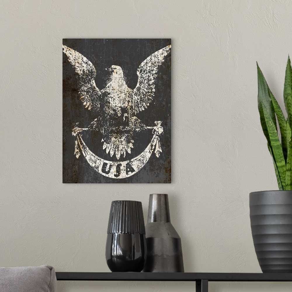 A modern room featuring Distressed image of an American eagle with "USA" typography on a ribbon on a gray and rust backgr...