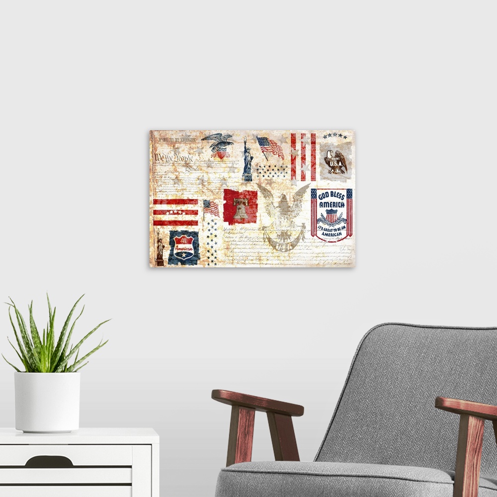 A modern room featuring Vintage rusty distressed wall art sign with typography words and images that are All-american, Ma...