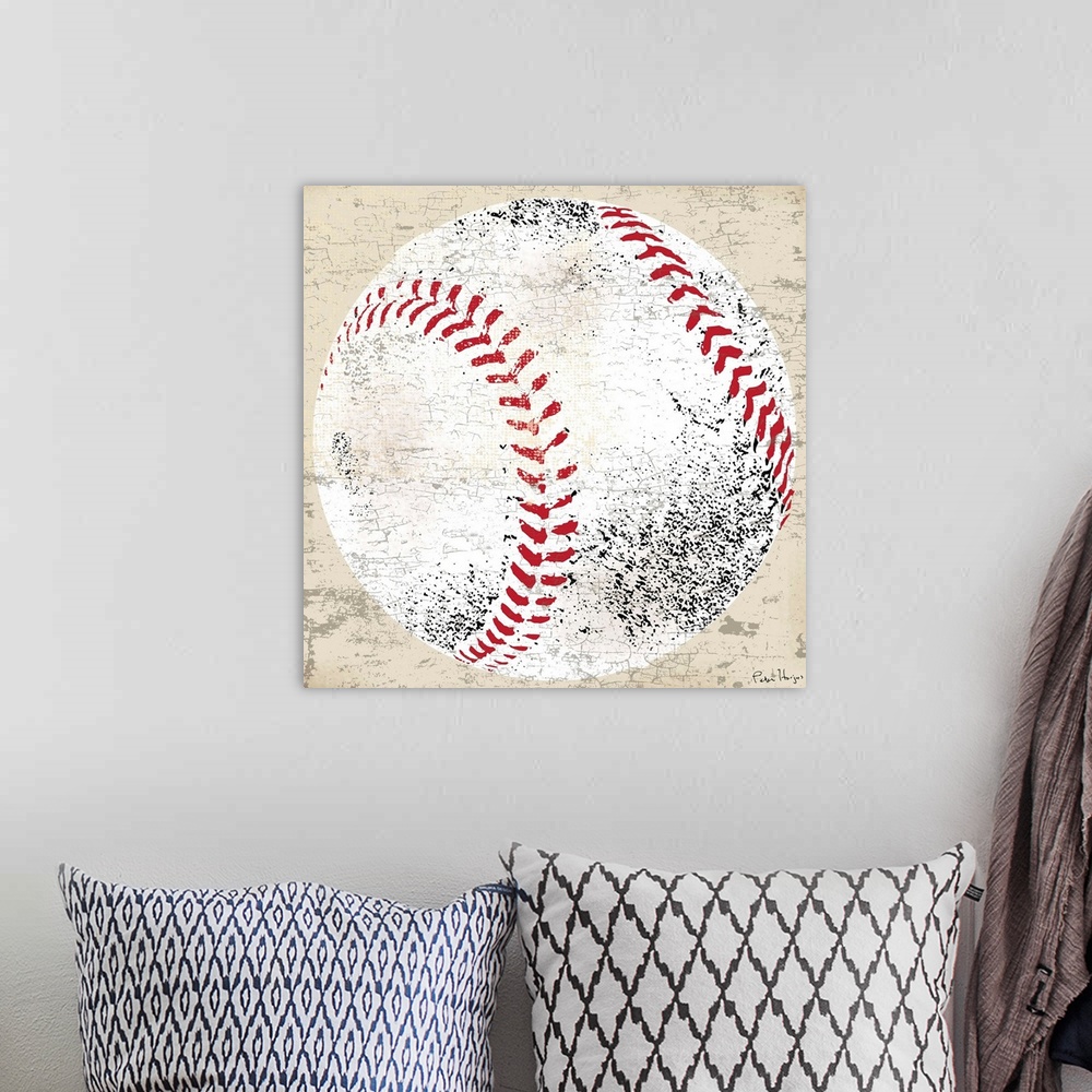A bohemian room featuring Vintage style wall art of an old distressed baseball on tan and sepia background.