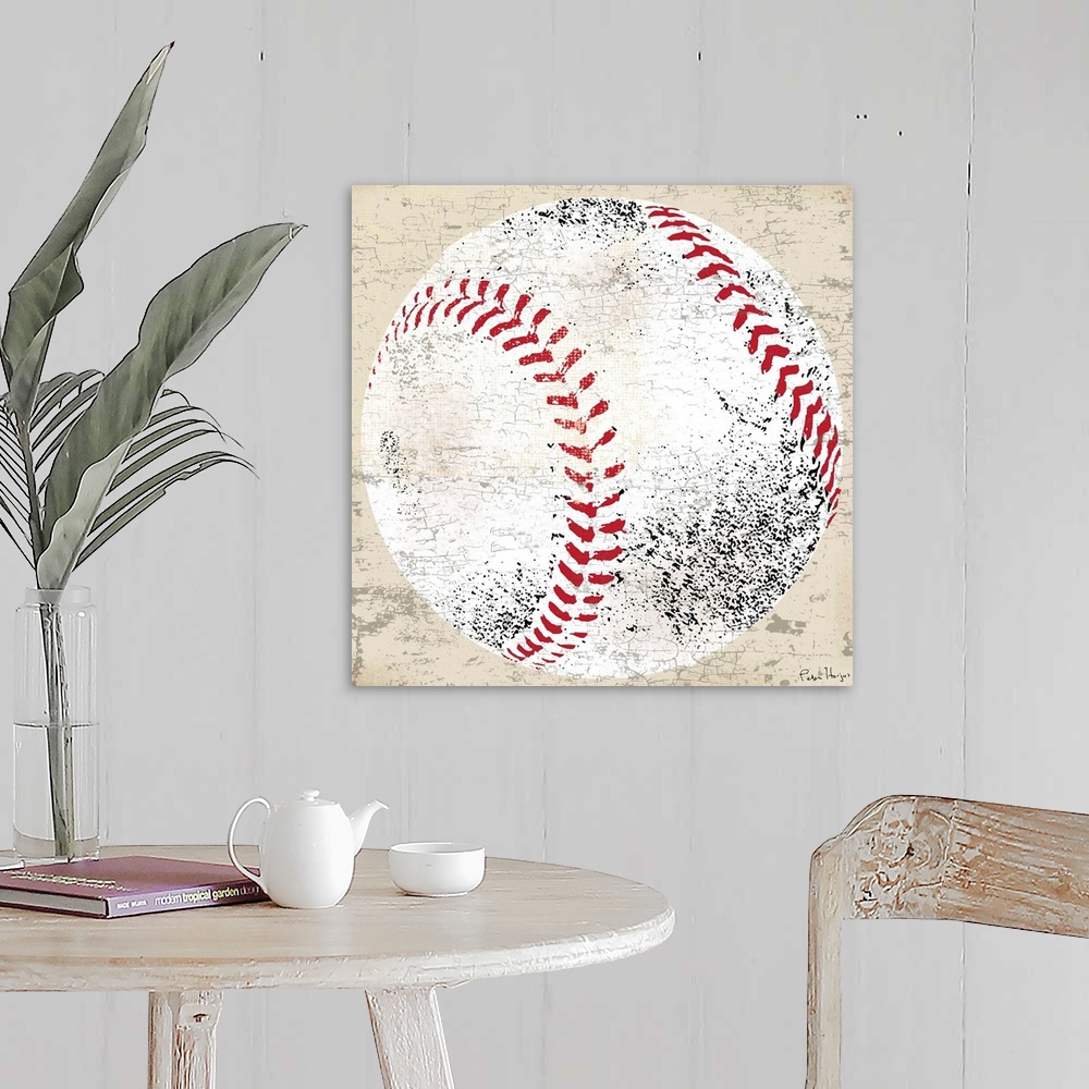 A farmhouse room featuring Vintage style wall art of an old distressed baseball on tan and sepia background.