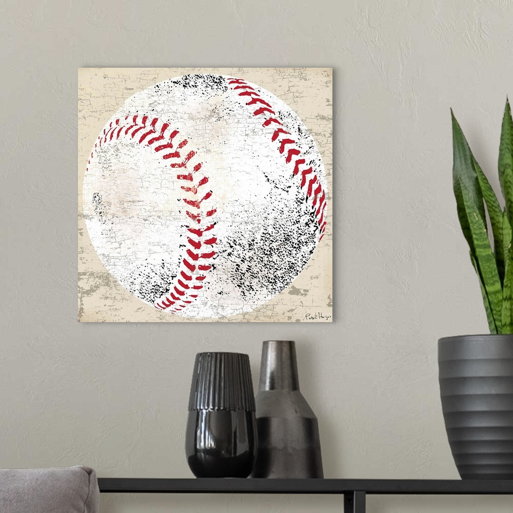 A modern room featuring Vintage style wall art of an old distressed baseball on tan and sepia background.