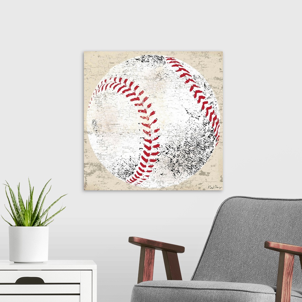 A modern room featuring Vintage style wall art of an old distressed baseball on tan and sepia background.