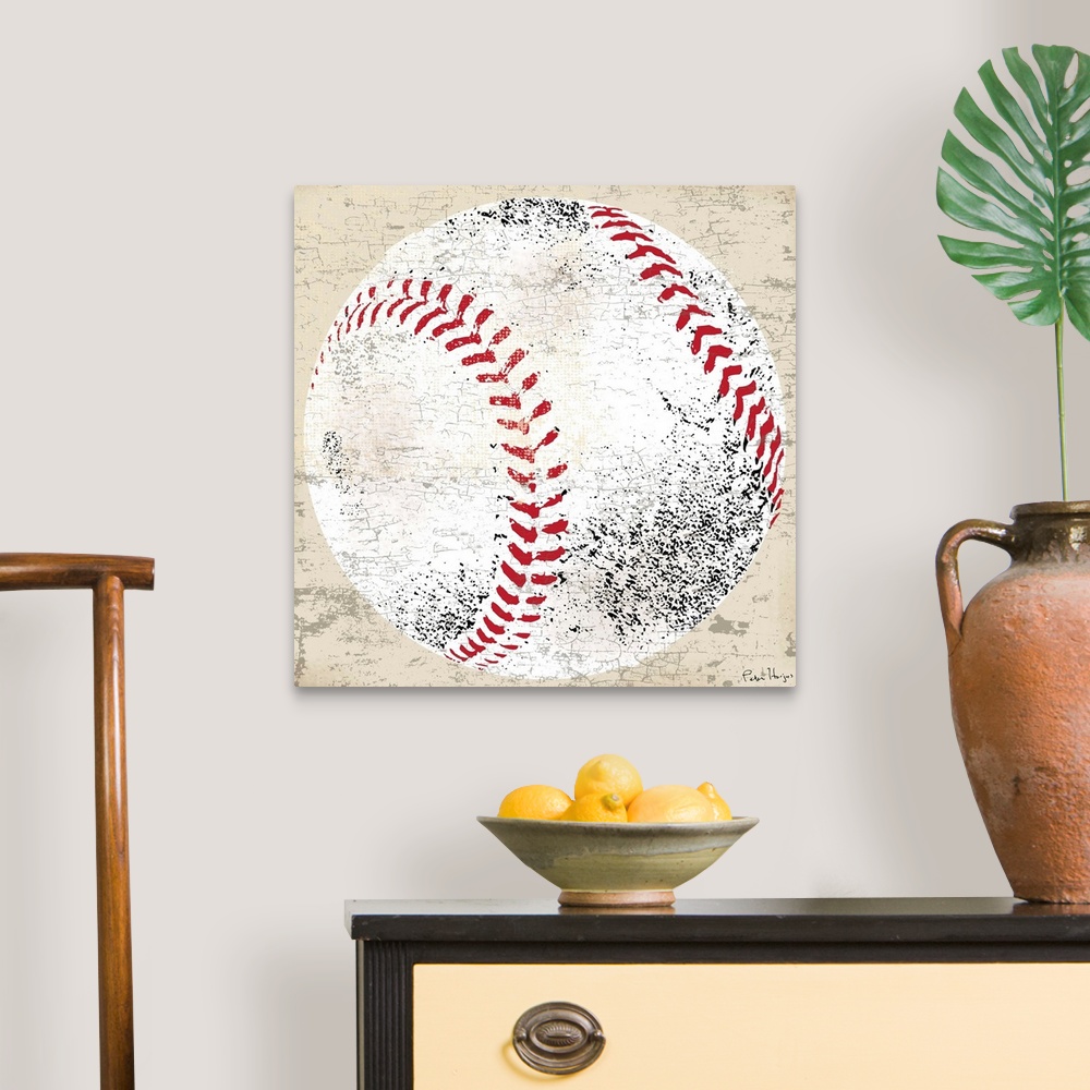 A traditional room featuring Vintage style wall art of an old distressed baseball on tan and sepia background.