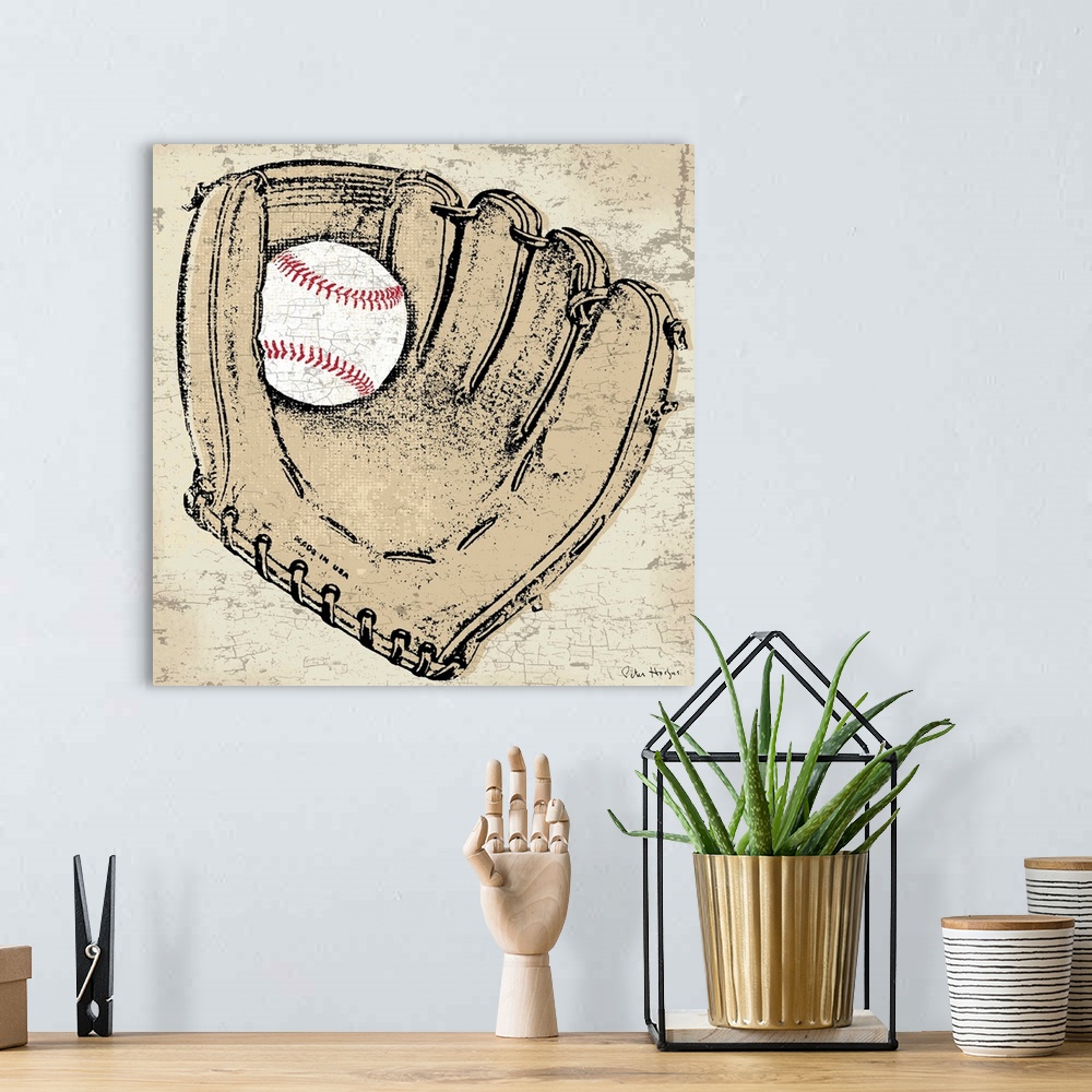 A bohemian room featuring Vintage style wall art of an old distressed baseball glove on tan and sepia background.