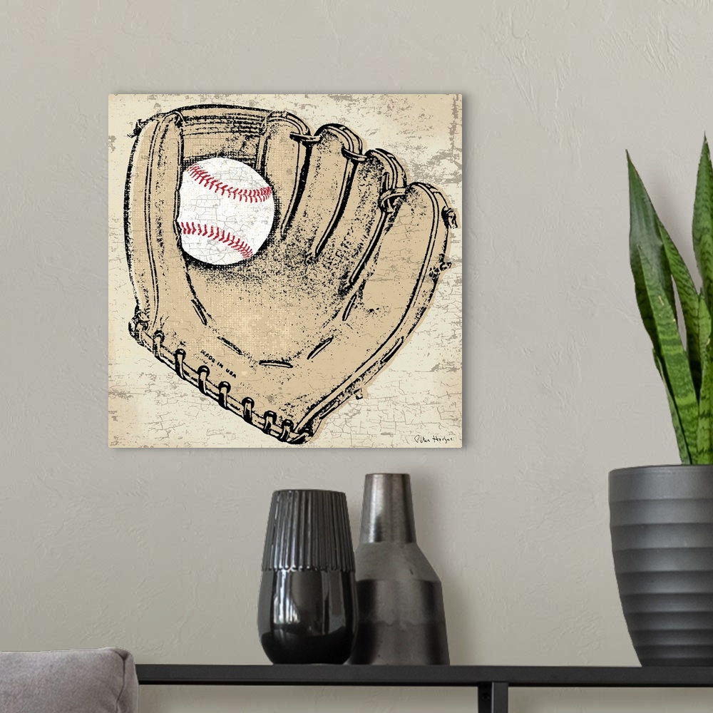 A modern room featuring Vintage style wall art of an old distressed baseball glove on tan and sepia background.
