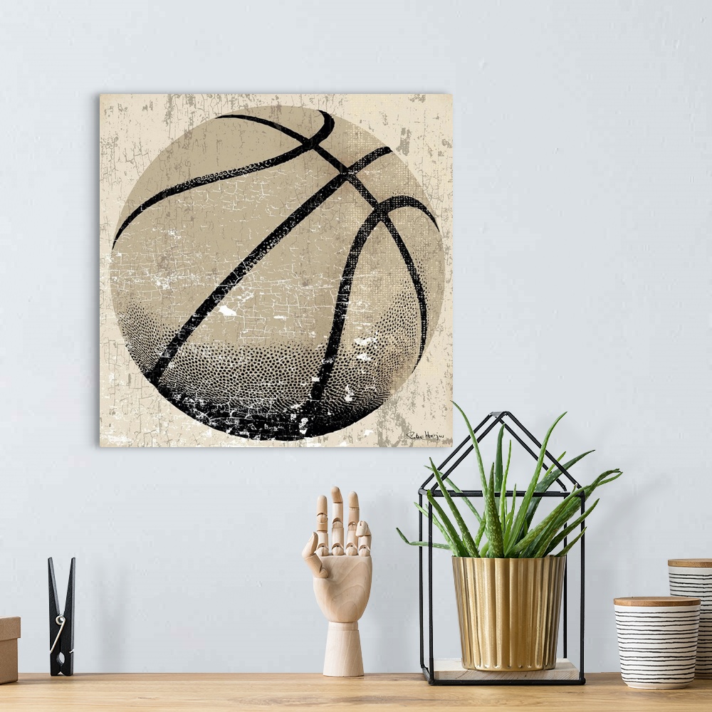 A bohemian room featuring Vintage style wall art of an old distressed basketball on tan and sepia background.