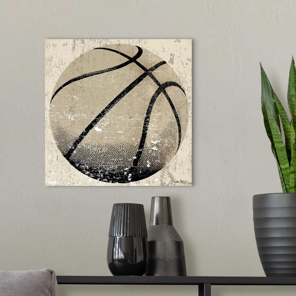 A modern room featuring Vintage style wall art of an old distressed basketball on tan and sepia background.