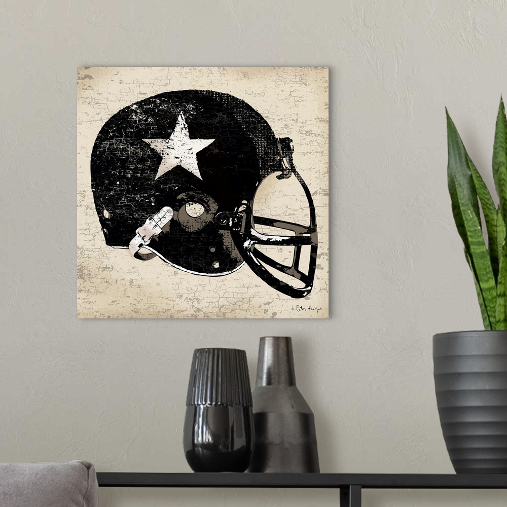 A modern room featuring Vintage style wall art of an old distressed football helmet on tan and sepia background.