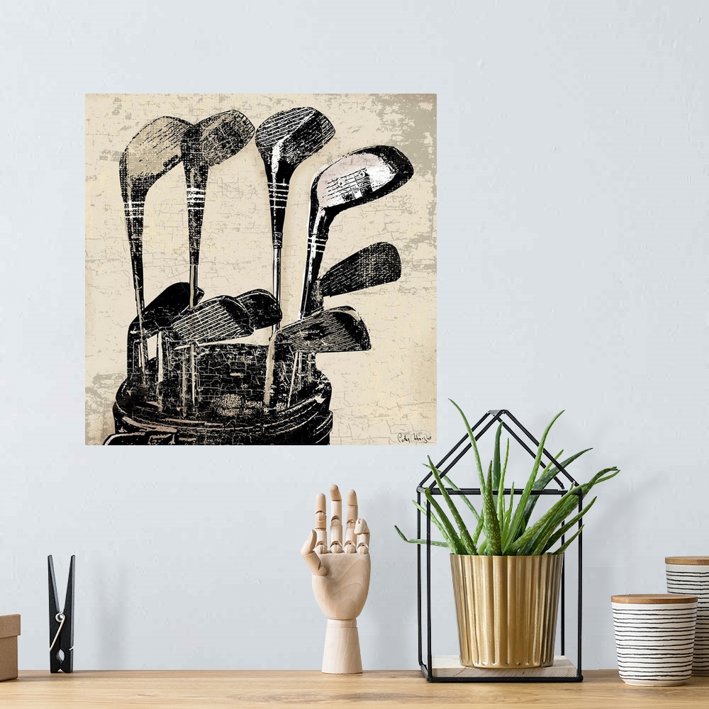 A bohemian room featuring Vintage style wall art of an old distressed golf clubs on tan and sepia background.